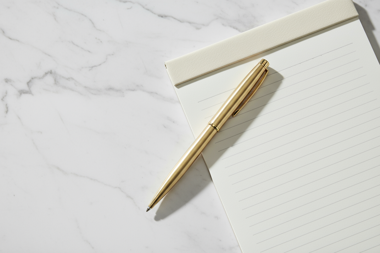 slim gold pen on white marble background on top of a notepad