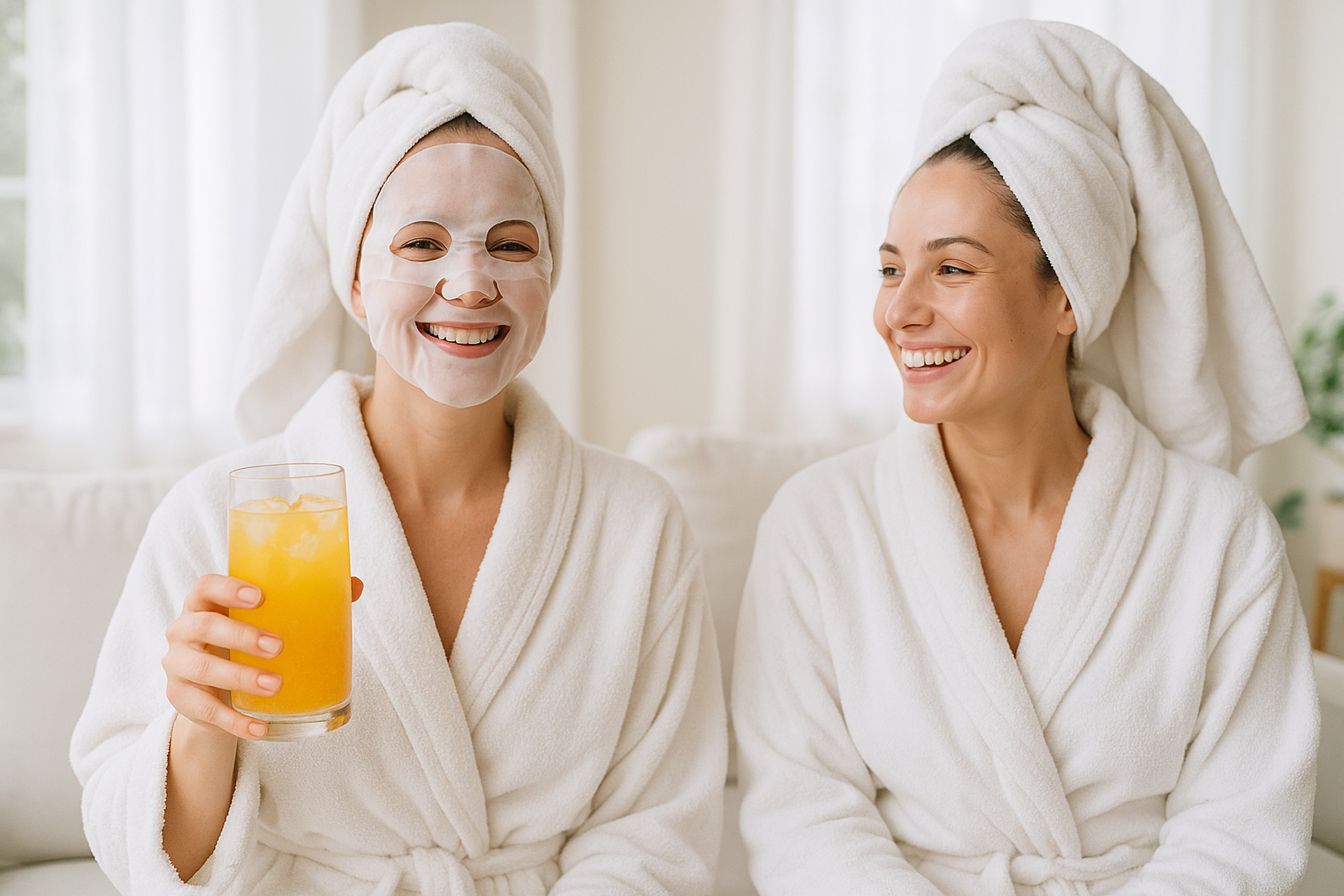can you create an image of a woman wearing a sheet mask and relaxing with a cold glass of orange juice with her friend